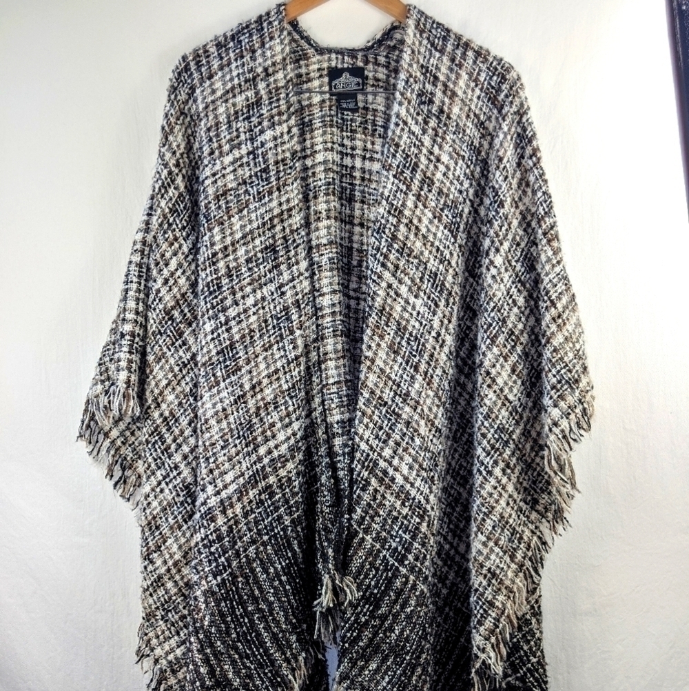Angie Black Brown White Plaid Fringe Open Front Wrap Ruana One Size